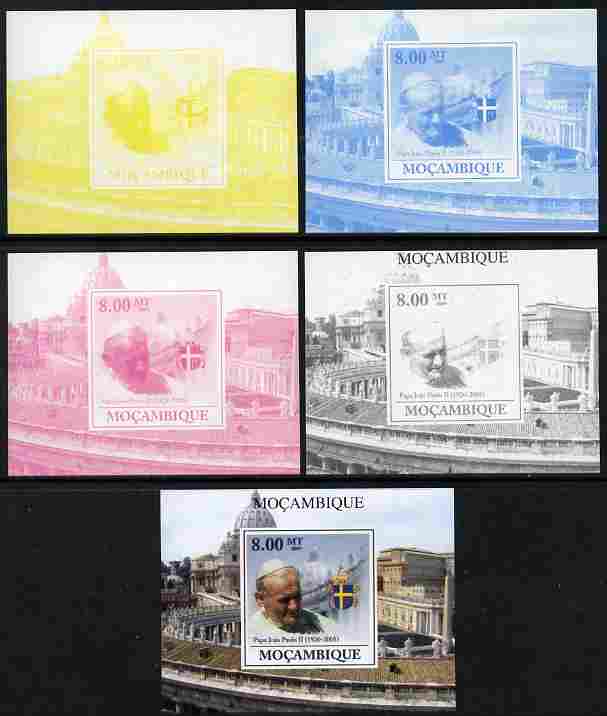 Mozambique 2009 Pope John Paul II #1 individual deluxe sheet - the set of 5 imperf progressive proofs comprising the 4 individual colours plus all 4-colour composite, unmounted mint, stamps on , stamps on  stamps on personalities, stamps on  stamps on pope, stamps on  stamps on religion, stamps on  stamps on popes