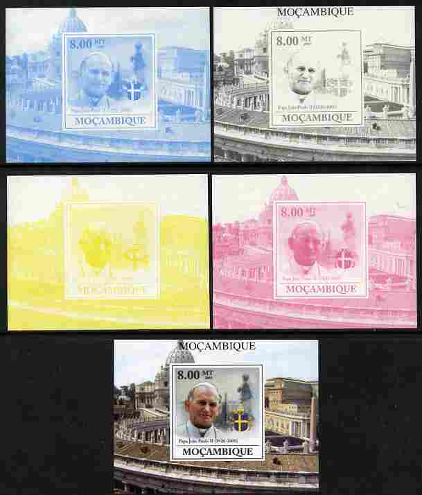 Mozambique 2009 Pope John Paul II #3 individual deluxe sheet - the set of 5 imperf progressive proofs comprising the 4 individual colours plus all 4-colour composite, unmounted mint, stamps on , stamps on  stamps on personalities, stamps on  stamps on pope, stamps on  stamps on religion, stamps on  stamps on popes