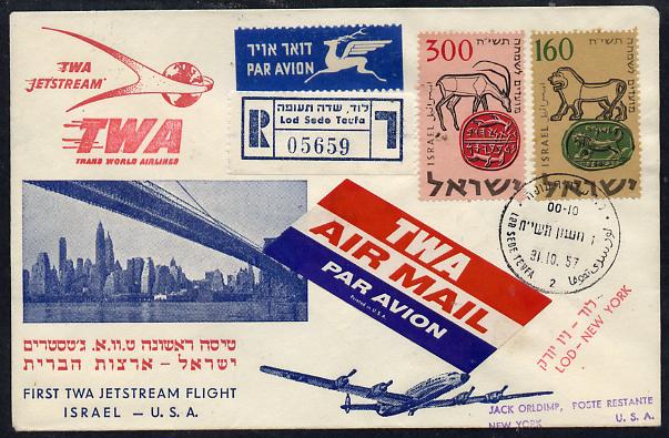Israel 1957 TWA first Jetstream flight reg cover to USA bearing 160 & 300 New Year stamps, various backstamps (illustrated with Golden Gate Bridge), stamps on , stamps on  stamps on aviation      bridges        americana    civil engineering