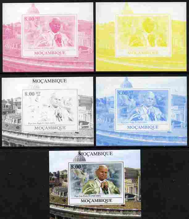 Mozambique 2009 Pope John Paul II #5 individual deluxe sheet - the set of 5 imperf progressive proofs comprising the 4 individual colours plus all 4-colour composite, unmounted mint, stamps on personalities, stamps on pope, stamps on religion, stamps on popes