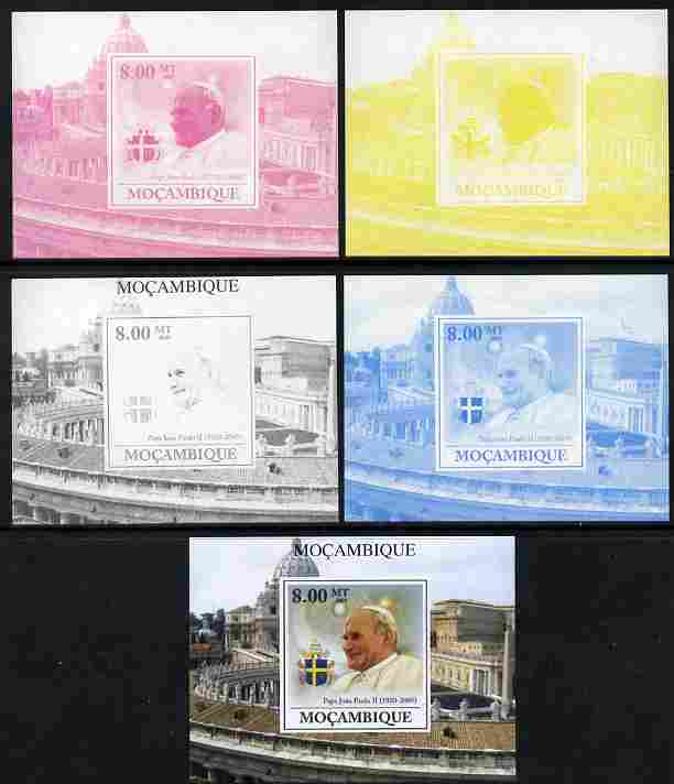Mozambique 2009 Pope John Paul II #6 individual deluxe sheet - the set of 5 imperf progressive proofs comprising the 4 individual colours plus all 4-colour composite, unmounted mint, stamps on , stamps on  stamps on personalities, stamps on  stamps on pope, stamps on  stamps on religion, stamps on  stamps on popes