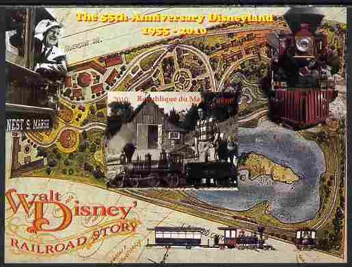 Mali 2010 The 55th Anniversary of Disneyland - Walt Disney's Railroad Story #01 imperf s/sheet unmounted mint. Note this item is privately produced and is offered purely on its thematic appeal , stamps on disney, stamps on cartoons, stamps on films, stamps on cinema, stamps on movies, stamps on railways