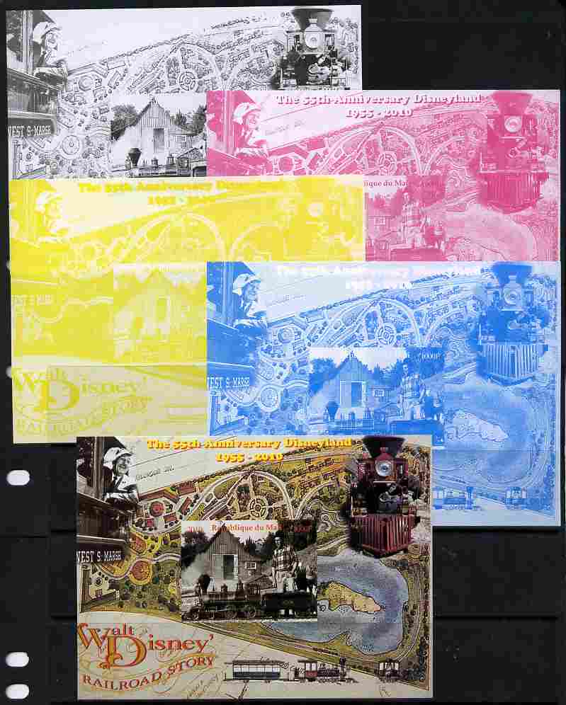 Mali 2010 The 55th Anniversary of Disneyland - Walt Disney's Railroad Story #01 s/sheet - the set of 5 imperf progressive proofs comprising the 4 individual colours plus all 4-colour composite, unmounted mint, stamps on , stamps on  stamps on disney, stamps on  stamps on cartoons, stamps on  stamps on films, stamps on  stamps on cinema, stamps on  stamps on movies, stamps on  stamps on railways