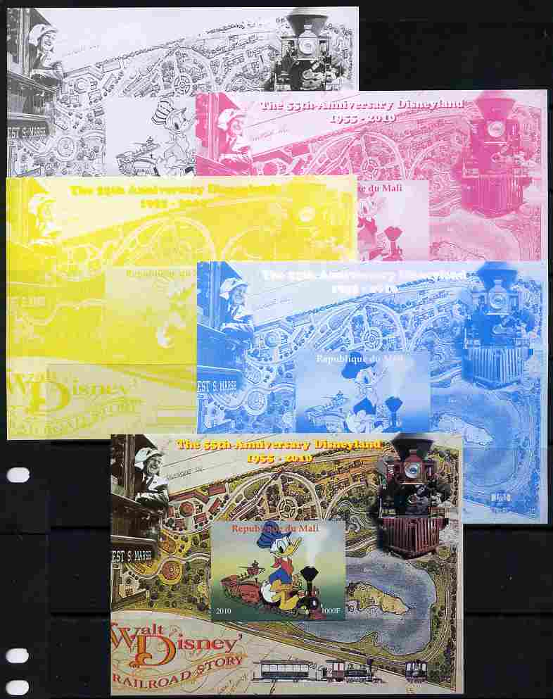 Mali 2010 The 55th Anniversary of Disneyland - Walt Disneys Railroad Story #03 s/sheet - the set of 5 imperf progressive proofs comprising the 4 individual colours plus a..., stamps on disney, stamps on cartoons, stamps on films, stamps on cinema, stamps on movies, stamps on railways