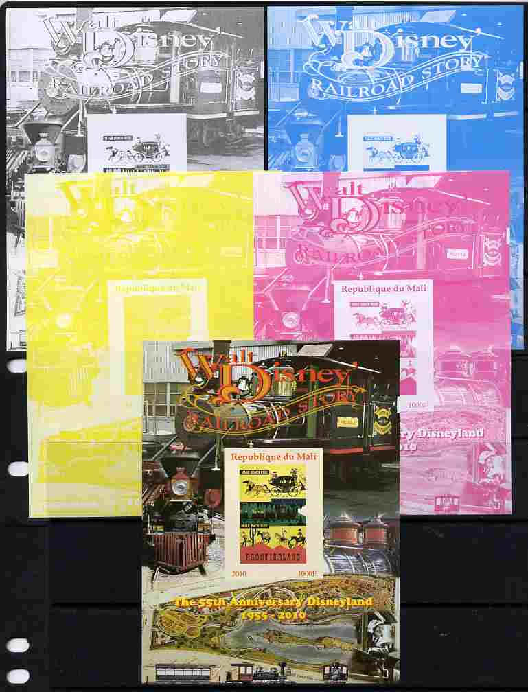 Mali 2010 The 55th Anniversary of Disneyland - Walt Disney's Railroad Story #08 s/sheet - the set of 5 imperf progressive proofs comprising the 4 individual colours plus all 4-colour composite, unmounted mint, stamps on disney, stamps on cartoons, stamps on films, stamps on cinema, stamps on movies, stamps on railways