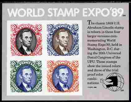 United States 1989 World Stamp Expo imperf m/sheet (Lincoln) unmounted mint SG MS 2417, stamps on , stamps on  stamps on stamp exhibitions, stamps on  stamps on stamponstamp, stamps on  stamps on stamp on sttamp, stamps on  stamps on lincoln, stamps on  stamps on usa presidents