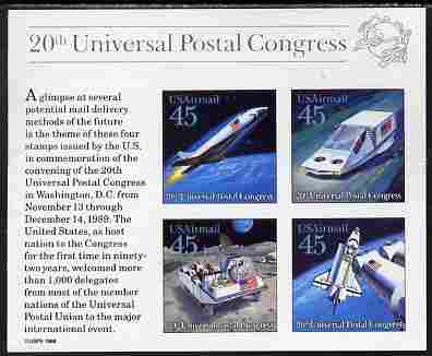 United States 1989 20th UPU Congress imperf m/sheet (Futuristic Postal Transport) unmounted mint SG MS A2427, stamps on postal, stamps on  upu , stamps on transport, stamps on space, stamps on rockets, stamps on shuttle