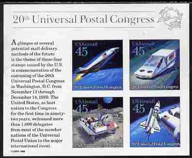 United States 1989 20th UPU Congress imperf m/sheet (Futuristic Postal Transport) unmounted mint SG MS A2427, stamps on , stamps on  stamps on postal, stamps on  stamps on  upu , stamps on  stamps on transport, stamps on  stamps on space, stamps on  stamps on rockets, stamps on  stamps on shuttle