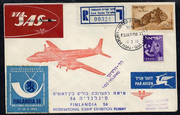 Israel 1956 Special SAS flight reg illustrated cover to Finland for Filandia '56 Stamp Exhibition, bearing Air stamp (Plane over Lion Rock) various backstamps, stamps on , stamps on  stamps on aviation, stamps on postal, stamps on stamp exhibitions, stamps on posthorn 