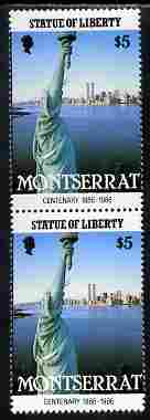 Montserrat 1986 Statue of Liberty Centenary $5 similar to m/sheet but from the unique multi-country sheet intended for a special first day cover but never issued, unmounted mint in a vertical pair to authenticate its source, stamps on , stamps on  stamps on monuments, stamps on  stamps on statues, stamps on  stamps on americana, stamps on  stamps on civil engineering, stamps on  stamps on statue of liberty, stamps on  stamps on 