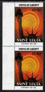 St Lucia 1986 Statue of Liberty Centenary $3.50 similar to m/sheet but from the unique multi-country sheet intended for a special first day cover but never issued, unmounted mint in a vertical pair to authenticate its source, stamps on monuments, stamps on statues, stamps on americana, stamps on civil engineering, stamps on statue of liberty, stamps on 