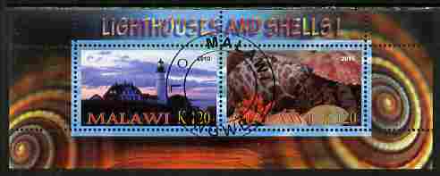 Malawi 2010 Seashells & Lighthouses #1 perf sheetlet containing 2 values fine cto used, stamps on marine life, stamps on shells, stamps on lighthouses