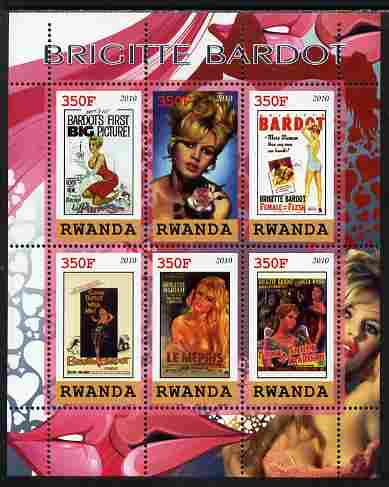 Rwanda 2010 Brigette Bardot perf sheetlet containing 6 values unmounted mint, stamps on , stamps on  stamps on personalities, stamps on  stamps on films, stamps on  stamps on cinema, stamps on  stamps on movies, stamps on  stamps on women