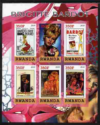 Rwanda 2010 Brigette Bardot imperf sheetlet containing 6 values unmounted mint, stamps on , stamps on  stamps on personalities, stamps on  stamps on films, stamps on  stamps on cinema, stamps on  stamps on movies, stamps on  stamps on women