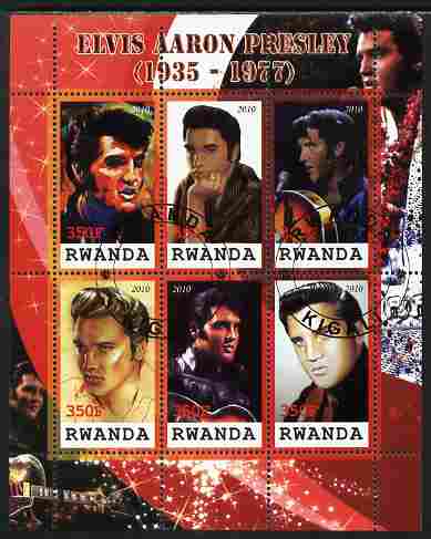 Rwanda 2010 Elvis Presley perf sheetlet containing 6 values fine cto used, stamps on , stamps on  stamps on personalities, stamps on  stamps on elvis, stamps on  stamps on music, stamps on  stamps on films, stamps on  stamps on cinema, stamps on  stamps on movies, stamps on  stamps on pops, stamps on  stamps on rock