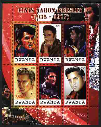 Rwanda 2010 Elvis Presley perf sheetlet containing 6 values unmounted mint, stamps on personalities, stamps on elvis, stamps on music, stamps on films, stamps on cinema, stamps on movies, stamps on pops, stamps on rock