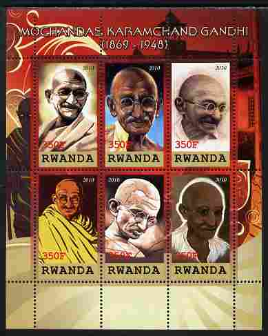 Rwanda 2010 Mahatma Gandhi perf sheetlet containing 6 values unmounted mint, stamps on personalities, stamps on gandhi, stamps on constitutions