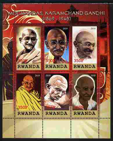 Rwanda 2010 Mahatma Gandhi perf sheetlet containing 6 values unmounted mint, stamps on , stamps on  stamps on personalities, stamps on  stamps on gandhi, stamps on  stamps on constitutions