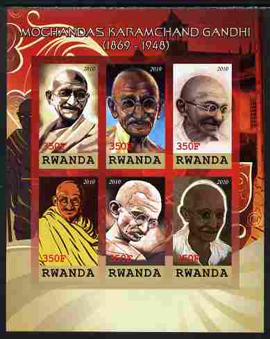 Rwanda 2010 Mahatma Gandhi imperf sheetlet containing 6 values unmounted mint, stamps on , stamps on  stamps on personalities, stamps on  stamps on gandhi, stamps on  stamps on constitutions