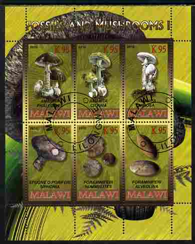 Rwanda 2010 Fossils & Mushrooms #1 perf sheetlet containing 6 values fine cto used, stamps on fungi, stamps on fossils, stamps on minerals