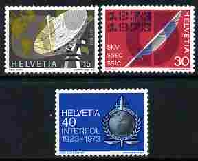 Switzerland 1973 Publicity Issue perf set of 3 unmounted mint SG 844-46, stamps on , stamps on  stamps on satellites, stamps on  stamps on technology, stamps on  stamps on telescopes, stamps on  stamps on police, stamps on  stamps on communications