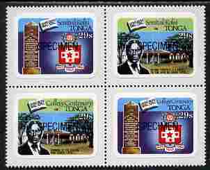 Tonga 1982 College Centenary 29s self-adhesive se-tenant block of 4 opt'd SPECIMEN unmounted mint, as SG 827-30, stamps on , stamps on  stamps on education, stamps on  stamps on self adhesive