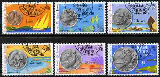 British Virgin Islands 1973 First Coinage Issue perf set of 6 fine cds used, SG 289-94, stamps on , stamps on  stamps on coins, stamps on  stamps on fish, stamps on  stamps on birds, stamps on  stamps on sailing, stamps on  stamps on 