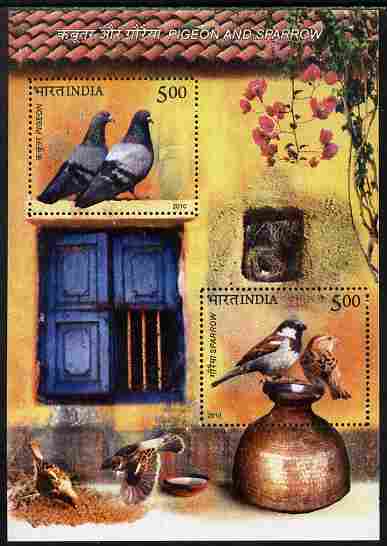 India 2010 Birds - Pigeon & Sparrow perf m/sheet containing 2 values unmounted mint, stamps on birds