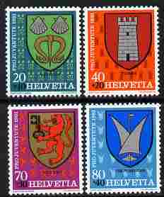 Switzerland 1981 Pro Juventute Arms of the Communes set of 4 unmounted mint SG J274-7, stamps on , stamps on  stamps on arms, stamps on  stamps on heraldry, stamps on  stamps on shells, stamps on  stamps on 