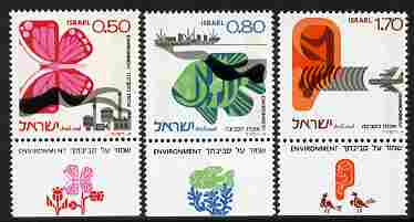 Israel 1975 Environmental Quality set of 3 with tabs unmounted mint, SG 617-19, stamps on environment, stamps on butterflies, stamps on aviation, stamps on fish, stamps on ships