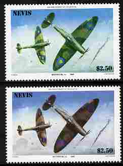 Nevis 1986 Spitfire $2.50 (Mark 1A in Battle of Britain) with red omitted plus normal both unmounted mint as SG 373.  , stamps on aviation, stamps on  raf , stamps on  ww2 , stamps on militaria, stamps on battles