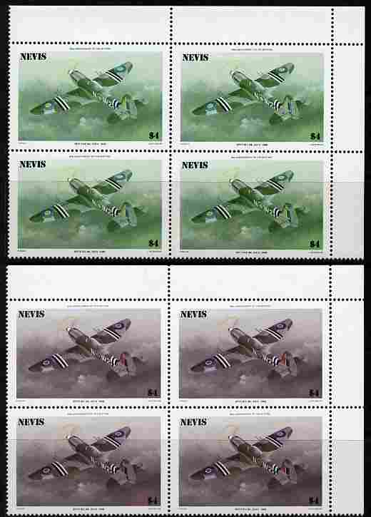 Nevis 1986 Spitfire $4 (Mark XXIV) with red omitted plus normal each in unmounted mint matched corner blocks from the top of the sheet as SG 375.  , stamps on aviation, stamps on  raf , stamps on  ww2 , stamps on militaria, stamps on battles