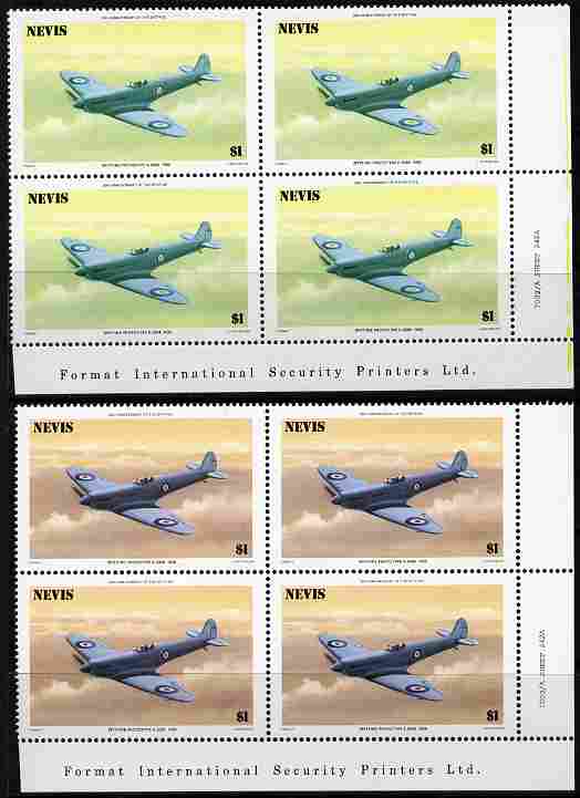 Nevis 1986 Spitfire $1 (Prototype K-5054) with red omitted plus normal each in unmounted mint matched corner blocks from the lower right corner with Format International ..., stamps on aviation, stamps on  raf , stamps on  ww2 , stamps on militaria