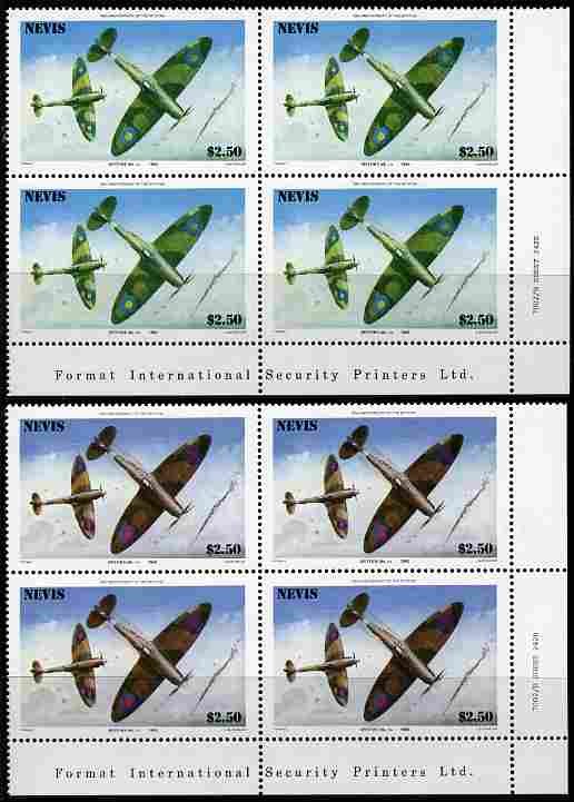 Nevis 1986 Spitfire $2.50 (Mark 1A in Battle of Britain) with red omitted plus normal each in unmounted mint matched corner blocks from the lower right corner with Format International imprint as SG 373. , stamps on , stamps on  stamps on aviation, stamps on  stamps on  raf , stamps on  stamps on  ww2 , stamps on  stamps on militaria, stamps on  stamps on battles