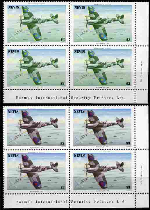 Nevis 1986 Spitfire $3 (Mark XII) with red omitted plus normal each in unmounted mint matched corner blocks from the lower right corner with Format International imprint ..., stamps on aviation, stamps on  raf , stamps on  ww2 , stamps on militaria, stamps on battles