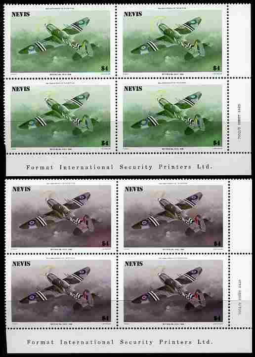 Nevis 1986 Spitfire $4 (Mark XXIV) with red omitted plus normal each in unmounted mint matched corner blocks from the lower right corner with Format International imprint as SG 375. , stamps on , stamps on  stamps on aviation, stamps on  stamps on  raf , stamps on  stamps on  ww2 , stamps on  stamps on militaria, stamps on  stamps on battles
