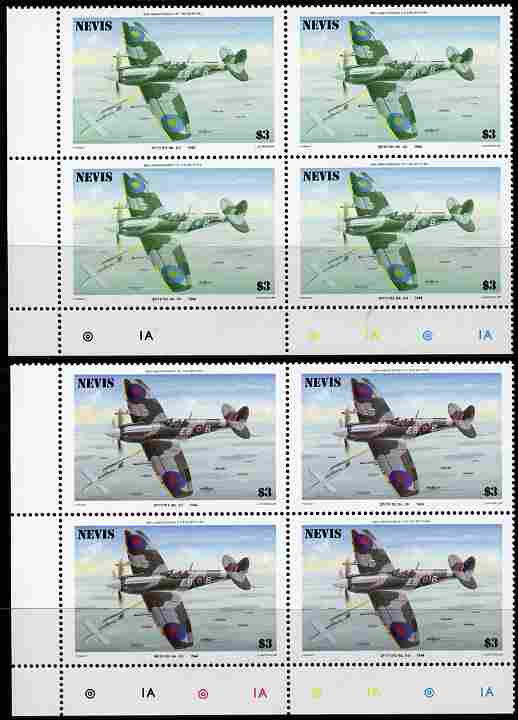 Nevis 1986 Spitfire $3 (Mark XII) with red omitted plus normal each in unmounted mint matched corner blocks from the lower left corner with plate numbers & colour checks as SG 374.  , stamps on , stamps on  stamps on aviation, stamps on  stamps on  raf , stamps on  stamps on  ww2 , stamps on  stamps on militaria, stamps on  stamps on battles