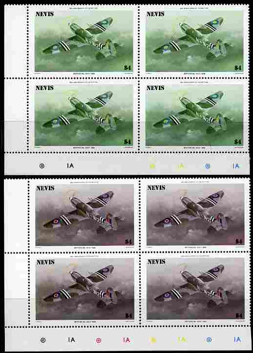 Nevis 1986 Spitfire $4 (Mark XXIV) with red omitted plus normal each in unmounted mint matched corner blocks from the lower left corner with plate numbers & colour checks as SG 375.  , stamps on , stamps on  stamps on aviation, stamps on  stamps on  raf , stamps on  stamps on  ww2 , stamps on  stamps on militaria, stamps on  stamps on battles