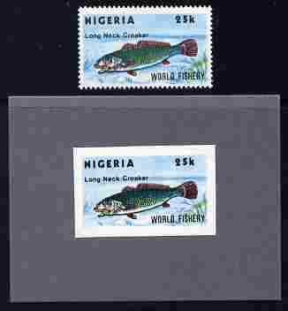 Nigeria 1983 World Fisheries 25k (Long Neck Croaker) imperf machine proof as issued mounted on grey card plus issued normal, stamps on fish