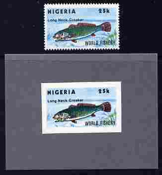 Nigeria 1983 World Fisheries 25k (Long Neck Croaker) imperf machine proof as issued mounted on grey card plus issued normal, stamps on , stamps on  stamps on fish