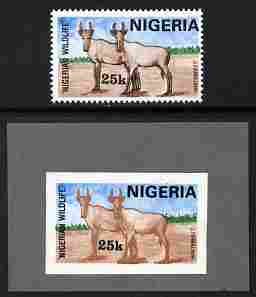 Nigeria 1984 Nigerian Wildlife 25k (Hartbeest) imperf machine proof similar to issued except animals are without black outline, mounted on grey card plus issued normal, stamps on animals