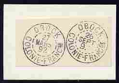 Obock two impressions of postmarks being forgeries by Francois Fournier on piece from special album , stamps on forgery