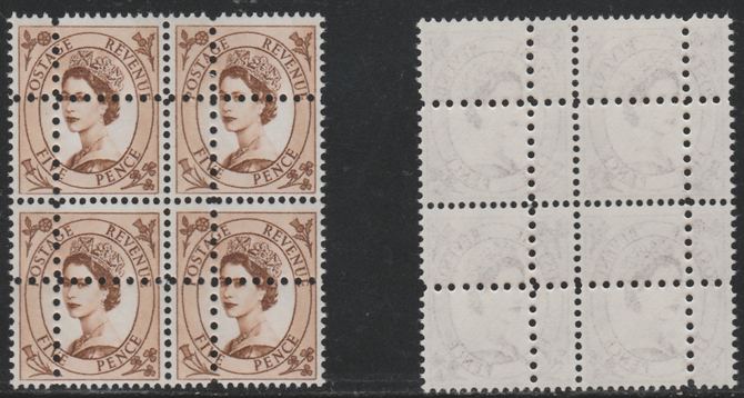 Great Britain 1960-67 Wilding 5d phosphor unmounted mint block of 4 with perforations doubled (stamps are quartered) interesting forgery, stamps on , stamps on  stamps on forgery