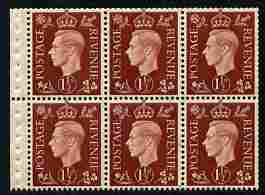 Great Britain 1937-47 KG6 1.5d red-brown booklet pane of 6 with inverted watermark unmounted mint with good perfs on 2 sides SG QB21a, stamps on , stamps on  stamps on , stamps on  stamps on  kg6 , stamps on  stamps on 