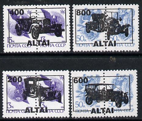 Altaj Republic - Vintage Cars opt set of 4 values, each design opt'd on  pair of  Russian defs (total 8 stamps) unmounted mint, stamps on cars 