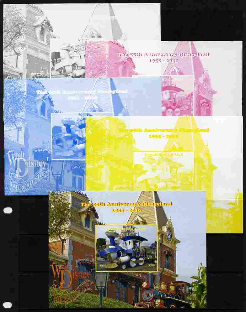 Mali 2010 The 55th Anniversary of Disneyland - Walt Disney's Railroad Story #13 s/sheet - the set of 5 imperf progressive proofs comprising the 4 individual colours plus all 4-colour composite, unmounted mint, stamps on disney, stamps on films, stamps on cinema, stamps on movies, stamps on cartoons, stamps on railways