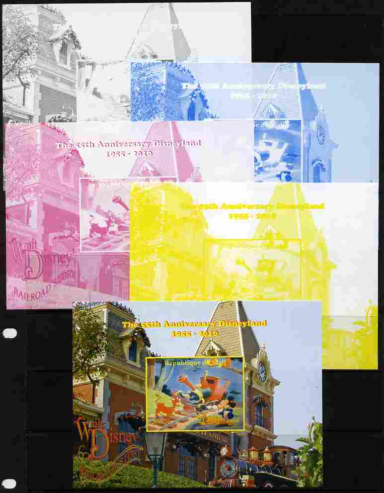 Mali 2010 The 55th Anniversary of Disneyland - Walt Disney's Railroad Story #15 s/sheet - the set of 5 imperf progressive proofs comprising the 4 individual colours plus all 4-colour composite, unmounted mint, stamps on disney, stamps on films, stamps on cinema, stamps on movies, stamps on cartoons, stamps on railways