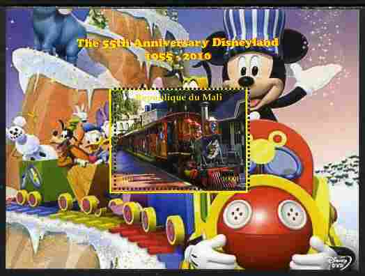 Mali 2010 The 55th Anniversary of Disneyland - Mickey Mouse Railway #01 perf s/sheet unmounted mint. Note this item is privately produced and is offered purely on its thematic appeal , stamps on disney, stamps on films, stamps on cinema, stamps on movies, stamps on cartoons, stamps on railways