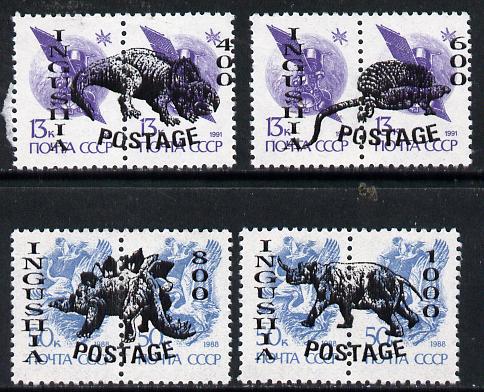 Ingushetia Republic - Prehistoric Animals opt set of 4 values, each design opt'd on  pair of  Russian defs (total 8 stamps) unmounted mint, stamps on , stamps on  stamps on dinosaurs    animals   