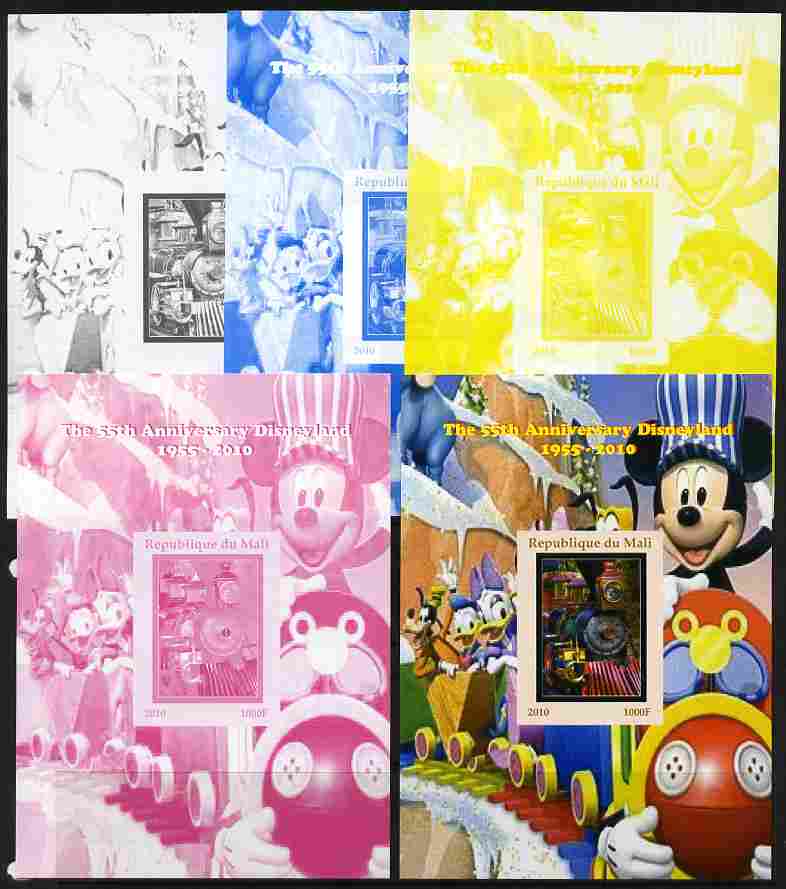 Mali 2010 The 55th Anniversary of Disneyland - Mickey Mouse Railway #03 s/sheet - the set of 5 imperf progressive proofs comprising the 4 individual colours plus all 4-colour composite, unmounted mint, stamps on , stamps on  stamps on disney, stamps on  stamps on films, stamps on  stamps on cinema, stamps on  stamps on movies, stamps on  stamps on cartoons, stamps on  stamps on railways